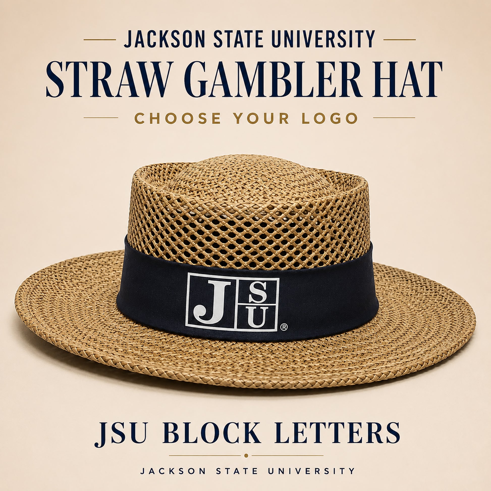 Jackson State JSU Block Letters natural straw gambler hat with navy band