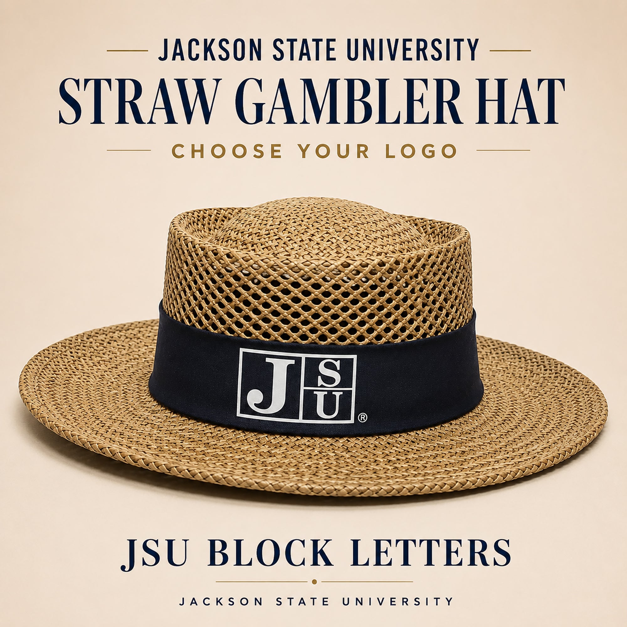Jackson State JSU Block Letters natural straw gambler hat with navy band