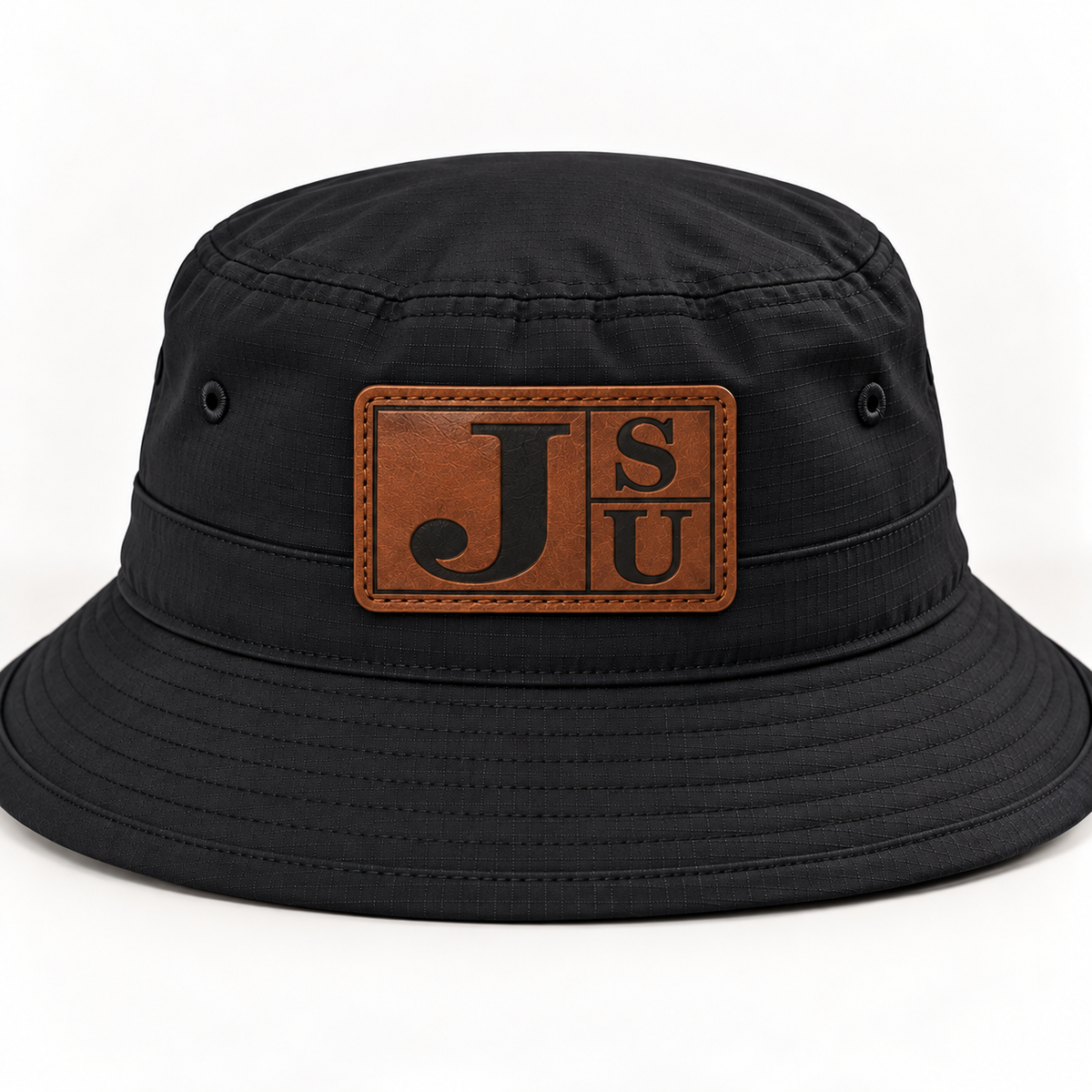Jackson State Tigers black outdoor bucket hat with walnut and black leatherette JSU patch