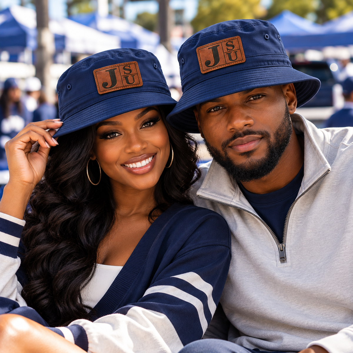 Black couple wearing Jackson State Tigers Dress Blue Navy outdoor bucket hats with walnut leatherette JSU patches