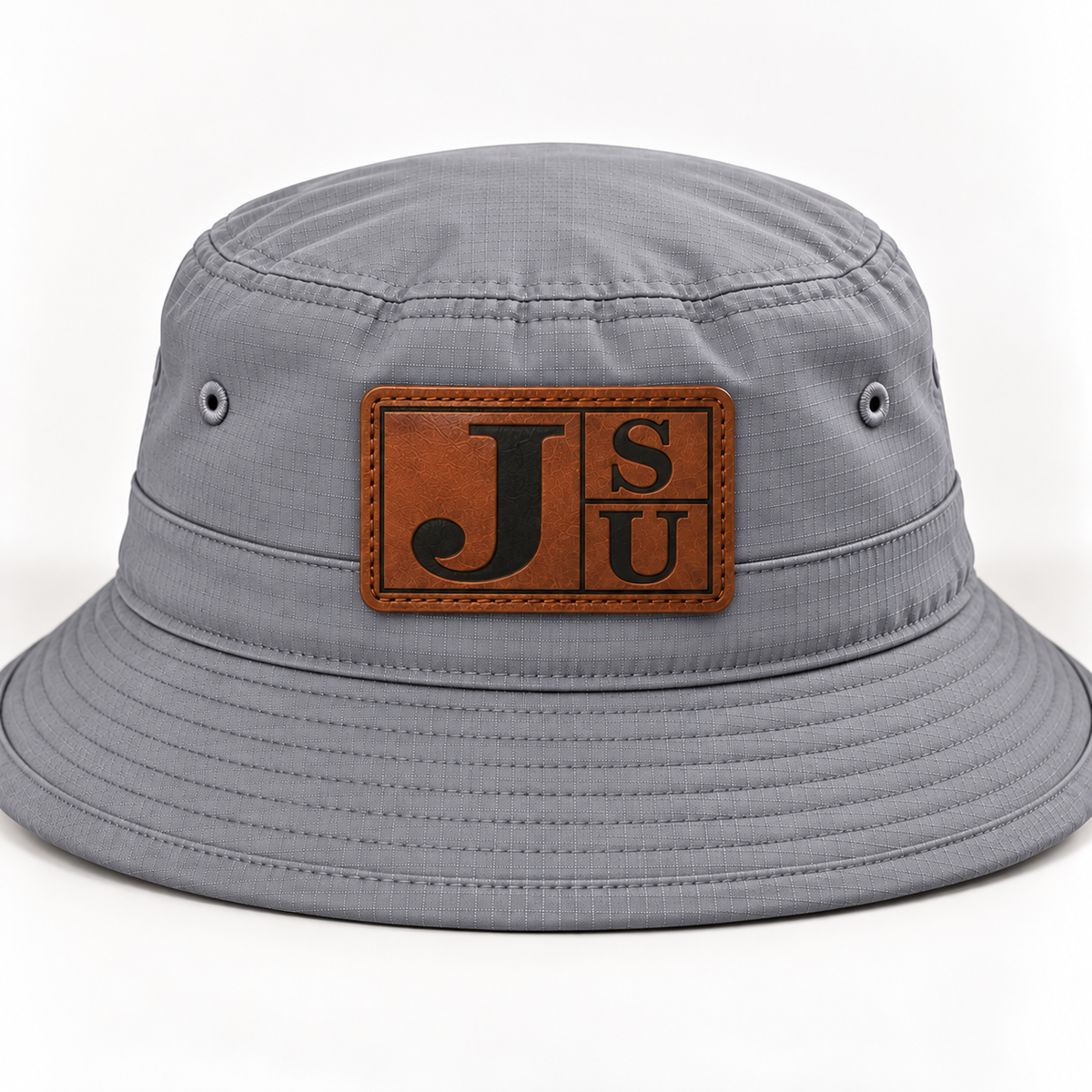 Jackson State Tigers gray outdoor bucket hat with walnut and black leatherette JSU patch