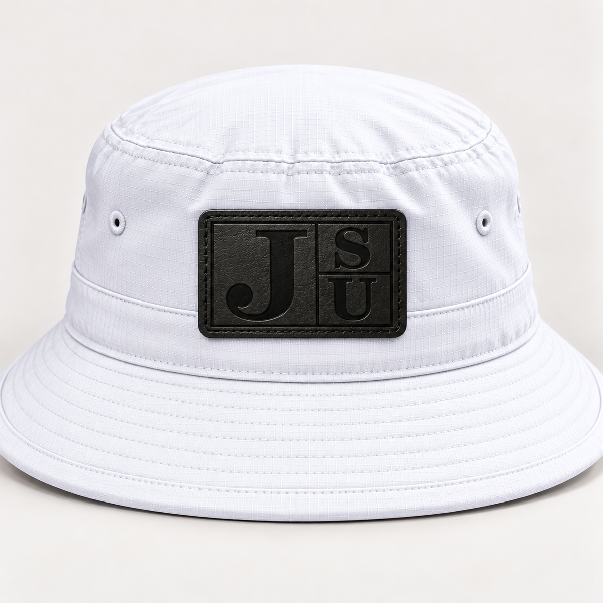 Jackson State Tigers white outdoor bucket hat with tonal black leatherette JSU patch