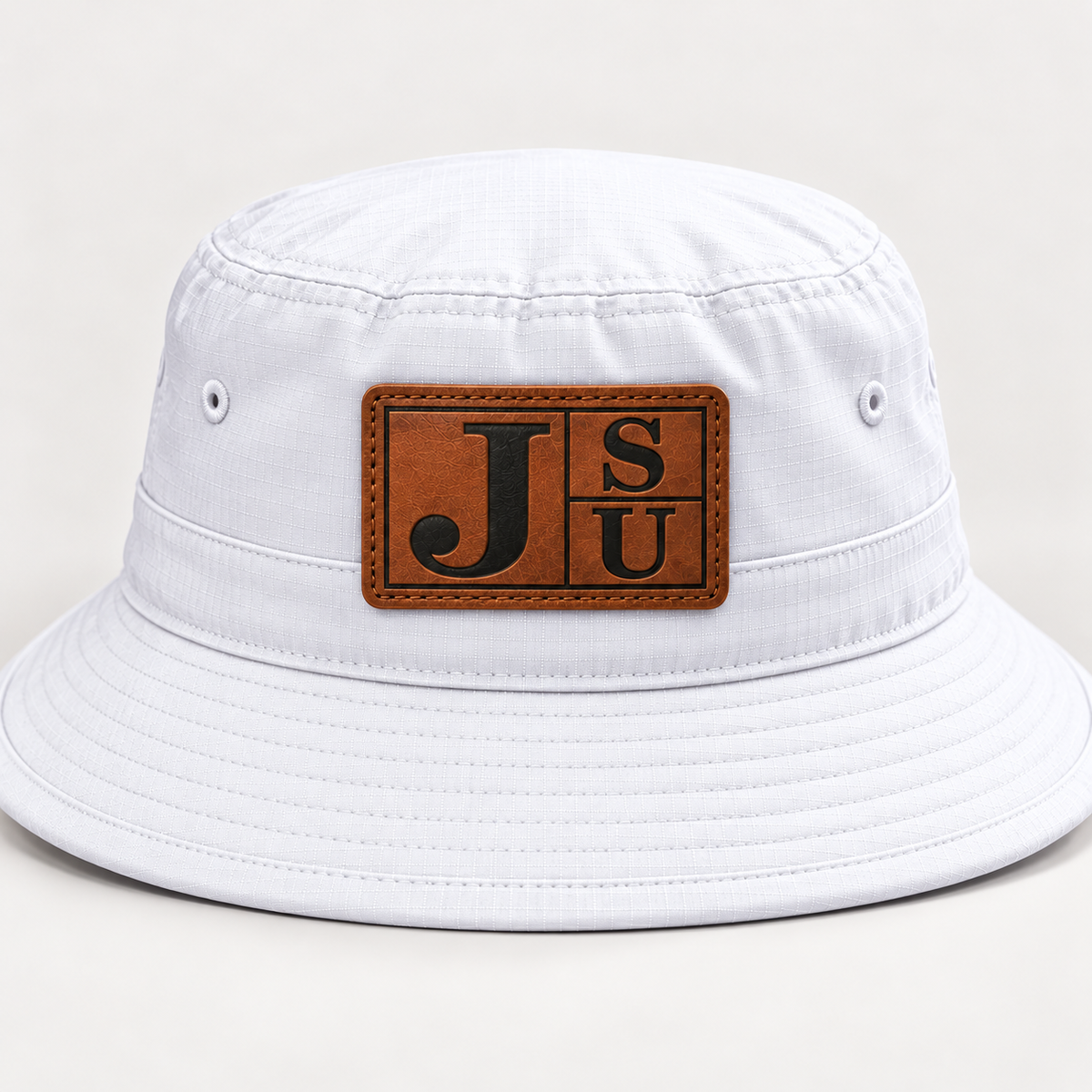 Jackson State Tigers white outdoor bucket hat with walnut and black leatherette JSU patch