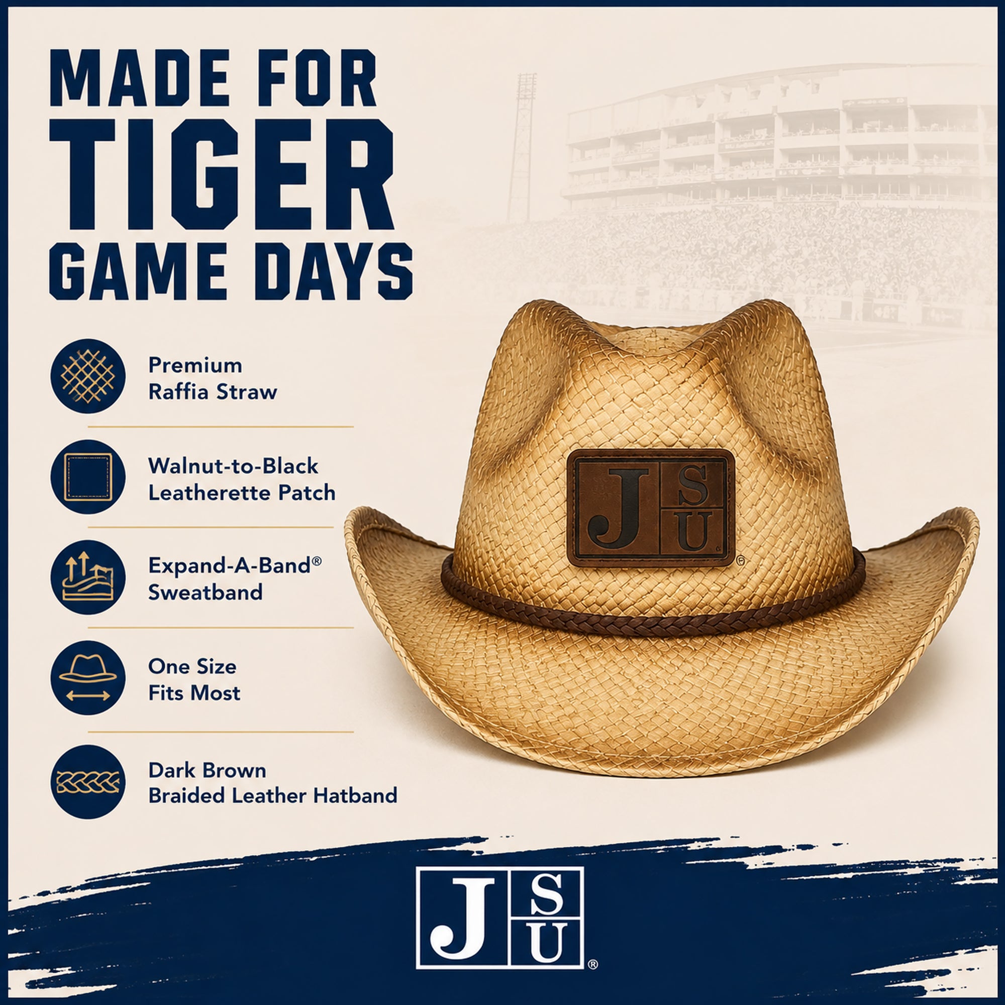 Jackson State cowboy straw hat featuring raffia straw, leatherette patch and braided leather band