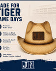 Jackson State cowboy straw hat featuring raffia straw, leatherette patch and braided leather band