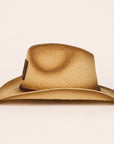 Side view of JSU natural raffia cowboy straw hat with braided leather band