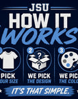 How the Jackson State mystery tee sale works by selecting a size and receiving a surprise design and color