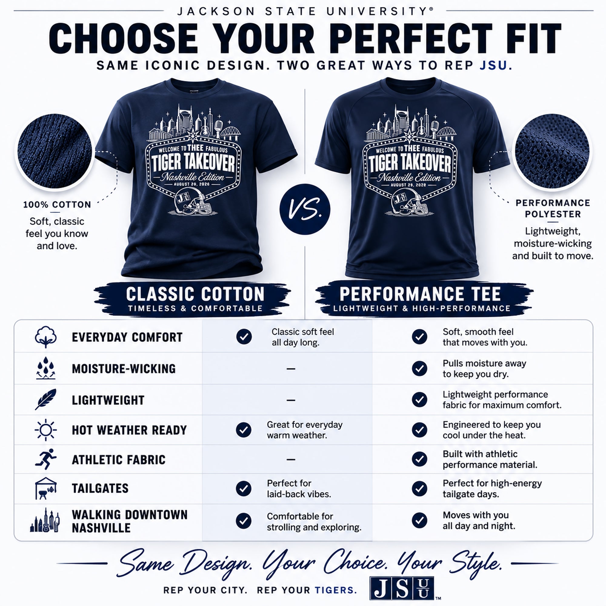 Navy performance and classic cotton tees shown side by side with Tiger Takeover print