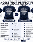 Navy performance and classic cotton tees shown side by side with Tiger Takeover print