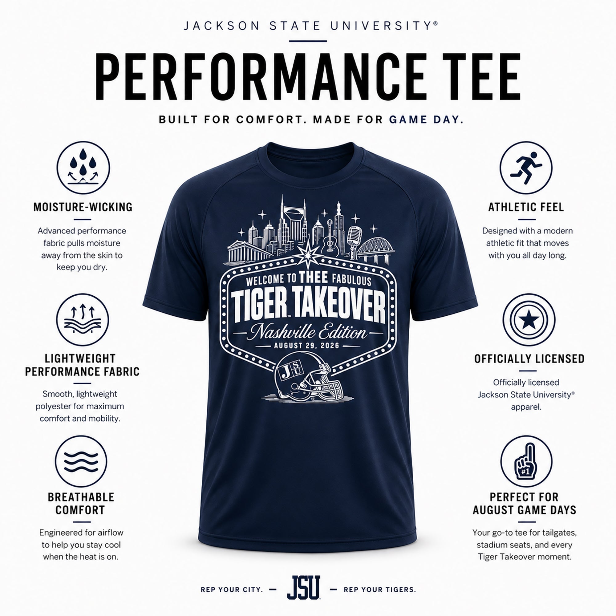 Navy performance t-shirt with front Tiger Takeover skyline emblem graphic