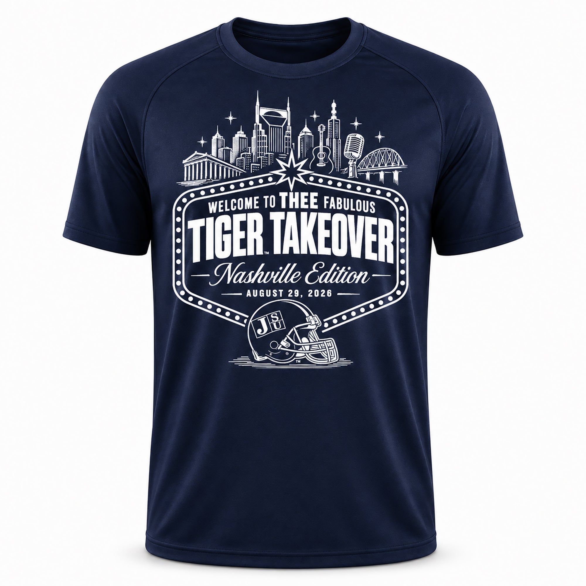 Navy performance t-shirt with front city skyline graphic and Tiger Takeover logo