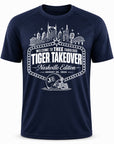 Navy performance t-shirt with front city skyline graphic and Tiger Takeover logo