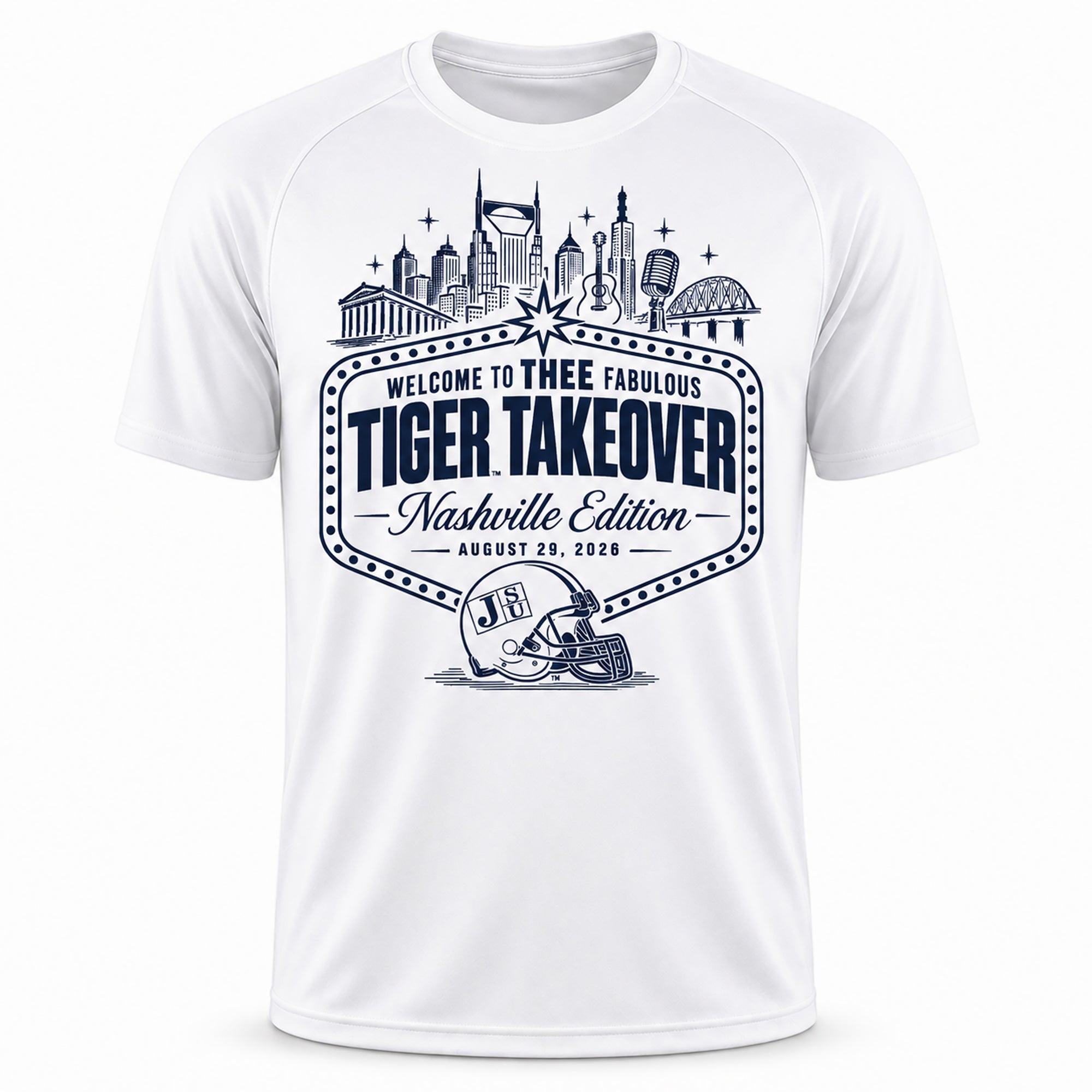 White performance t-shirt with front city skyline graphic and Tiger Takeover logo