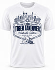 White performance t-shirt with front city skyline graphic and Tiger Takeover logo