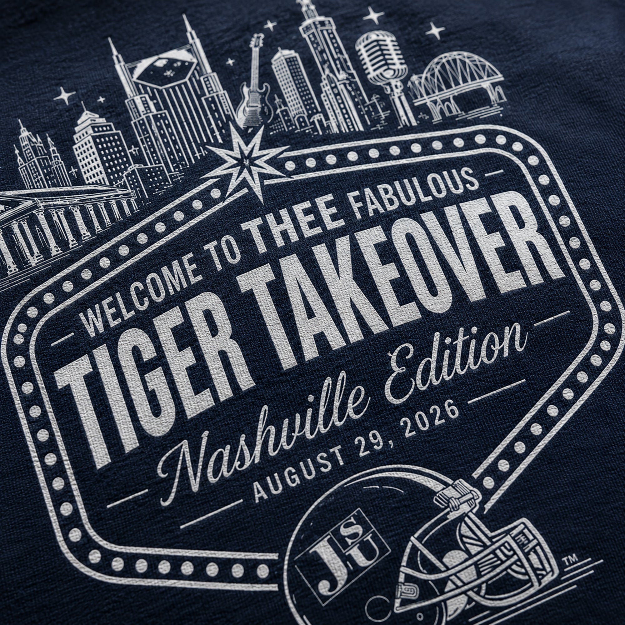 Close-up of the detailed JSU Nashville Tiger Takeover shirt design