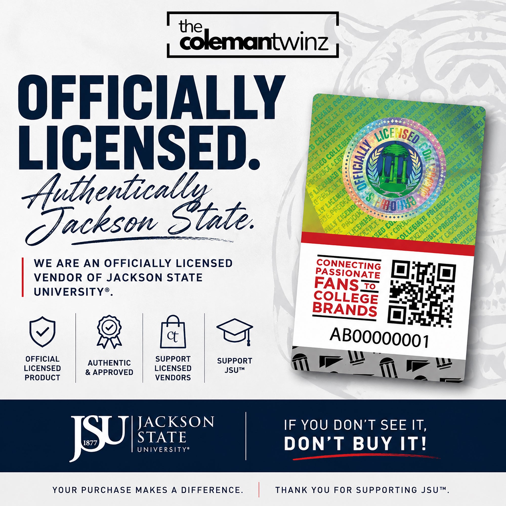 Promotional graphic for a Jackson State University officially licensed product, featuring a green and yellow holographic card with a QR code and branding. The graphic denotes that The Coleman Twinz are Officially Licensed vendors