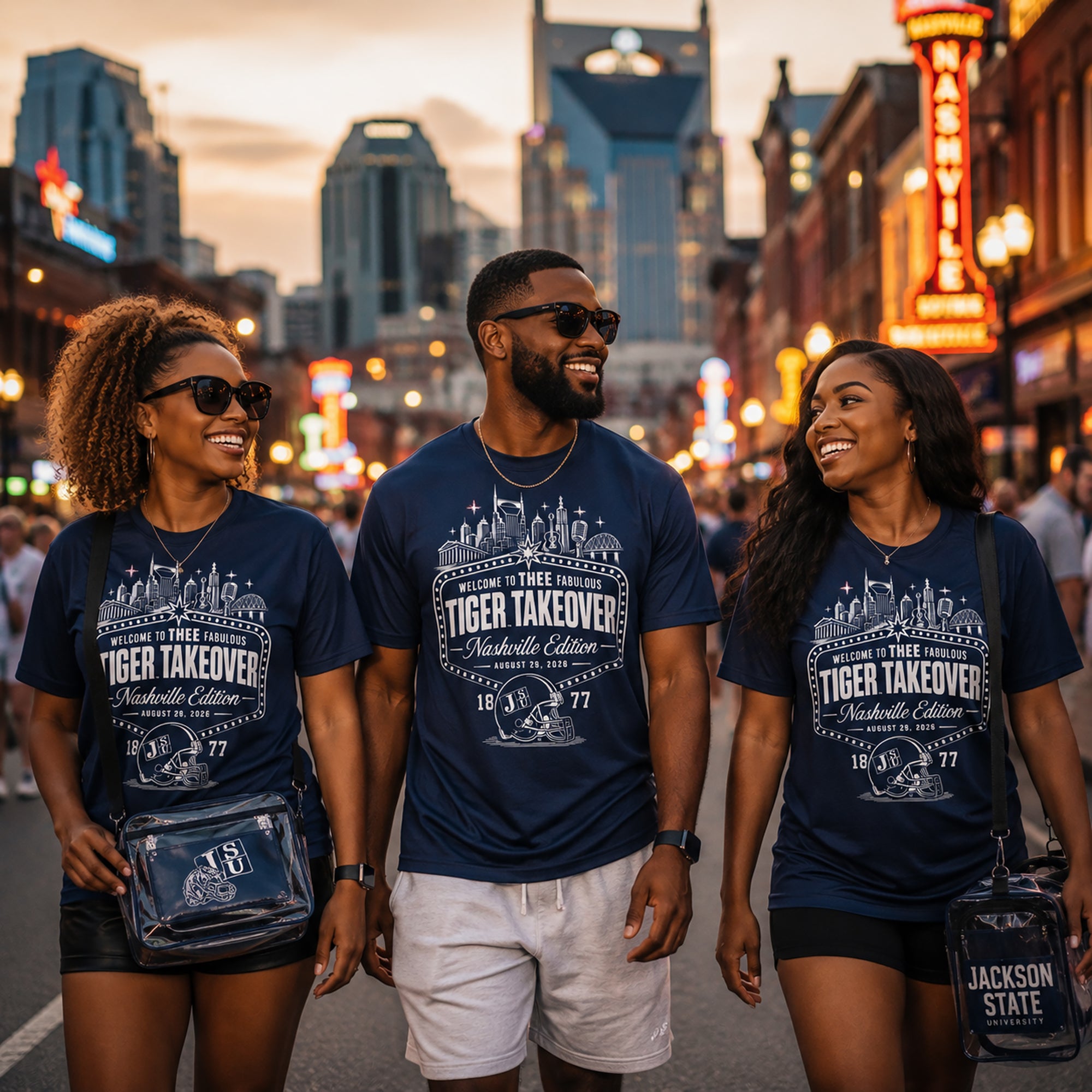 Navy performance t-shirts worn by three people, each with front Tiger Takeover graphic