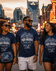 Navy performance t-shirts worn by three people, each with front Tiger Takeover graphic