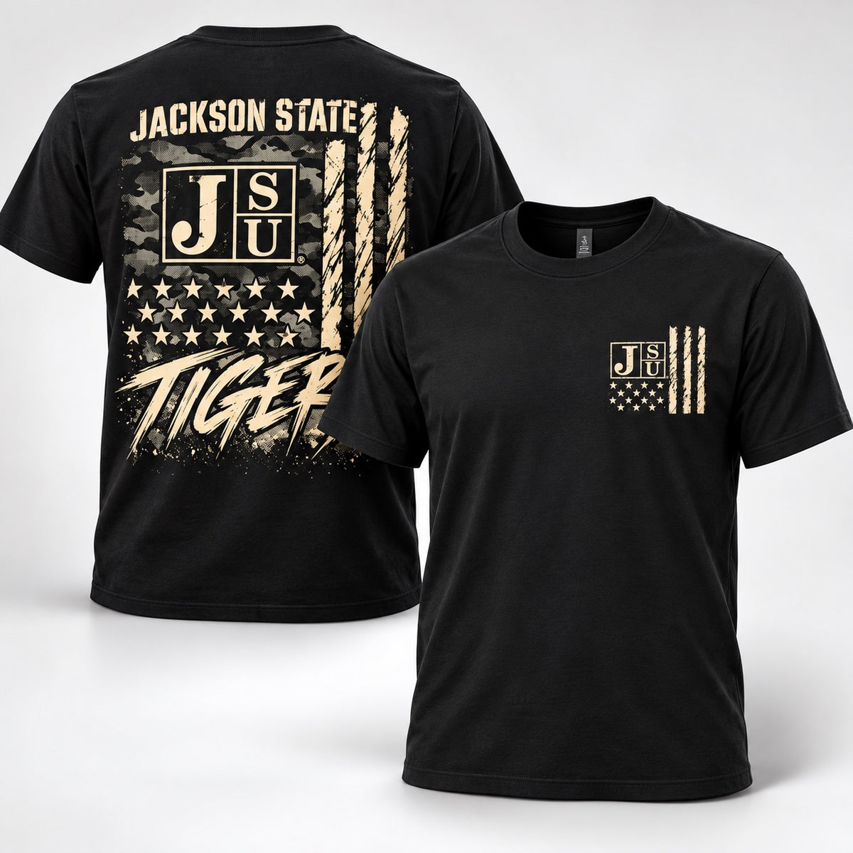Jackson State Tigers Salute to Service black short sleeve T-shirt front and back