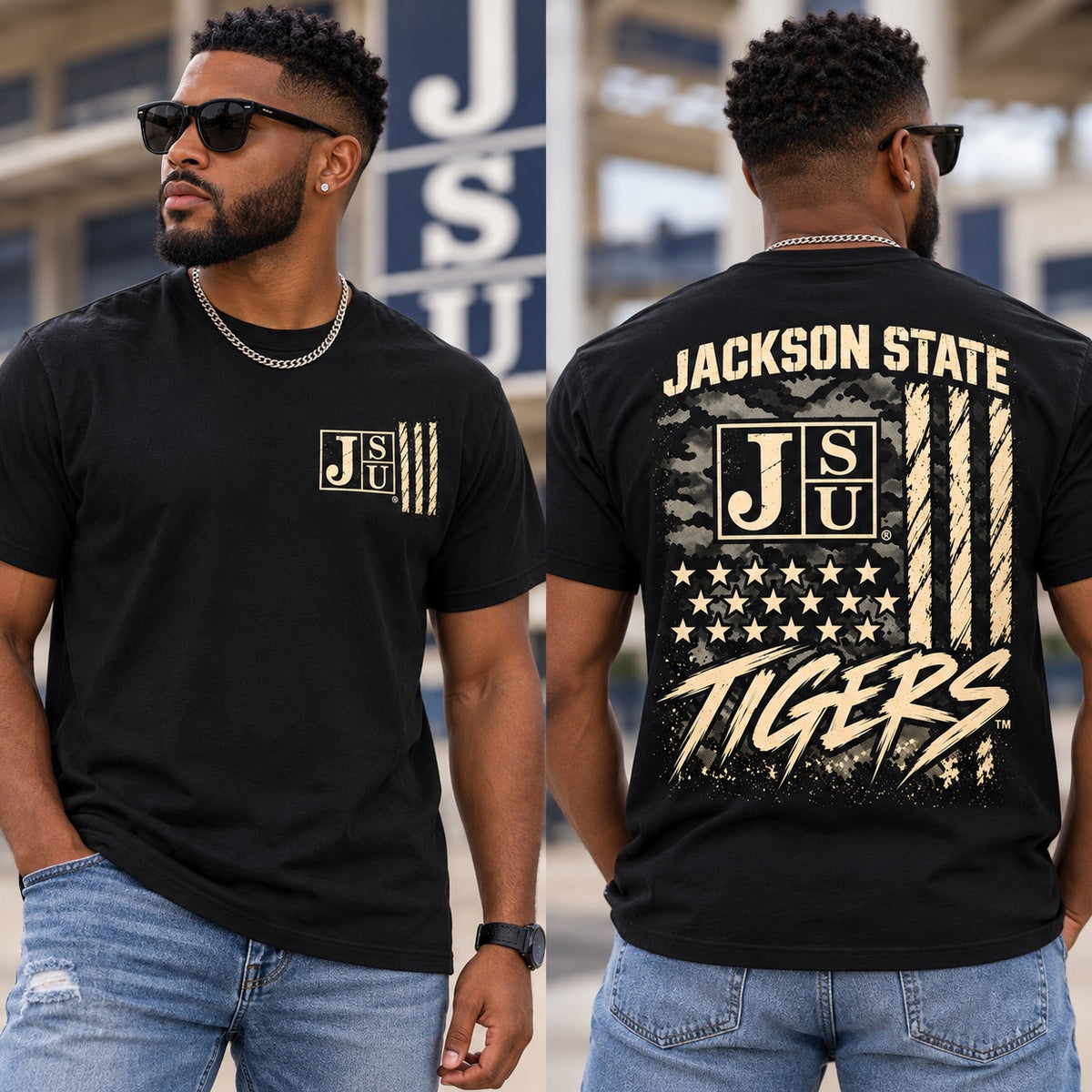Black male model wearing Jackson State Tigers Salute to Service short sleeve T-shirt shown from front and back
