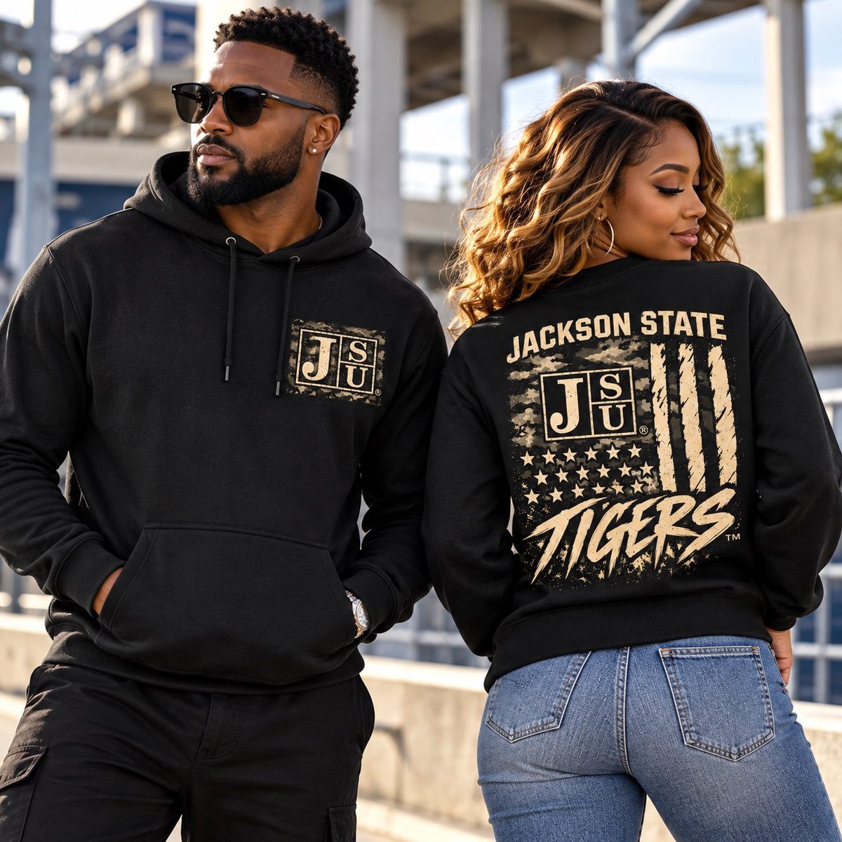 Black adult models wearing Jackson State Tigers Salute to Service hoodie and crewneck sweatshirt