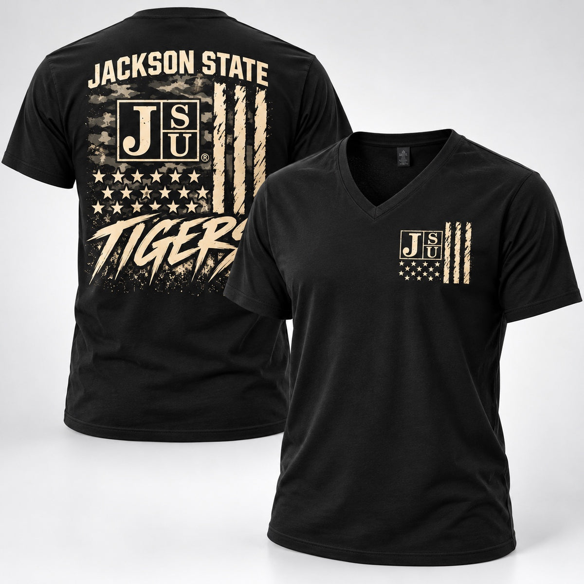Jackson State Tigers Salute to Service black V-neck T-shirt front and back