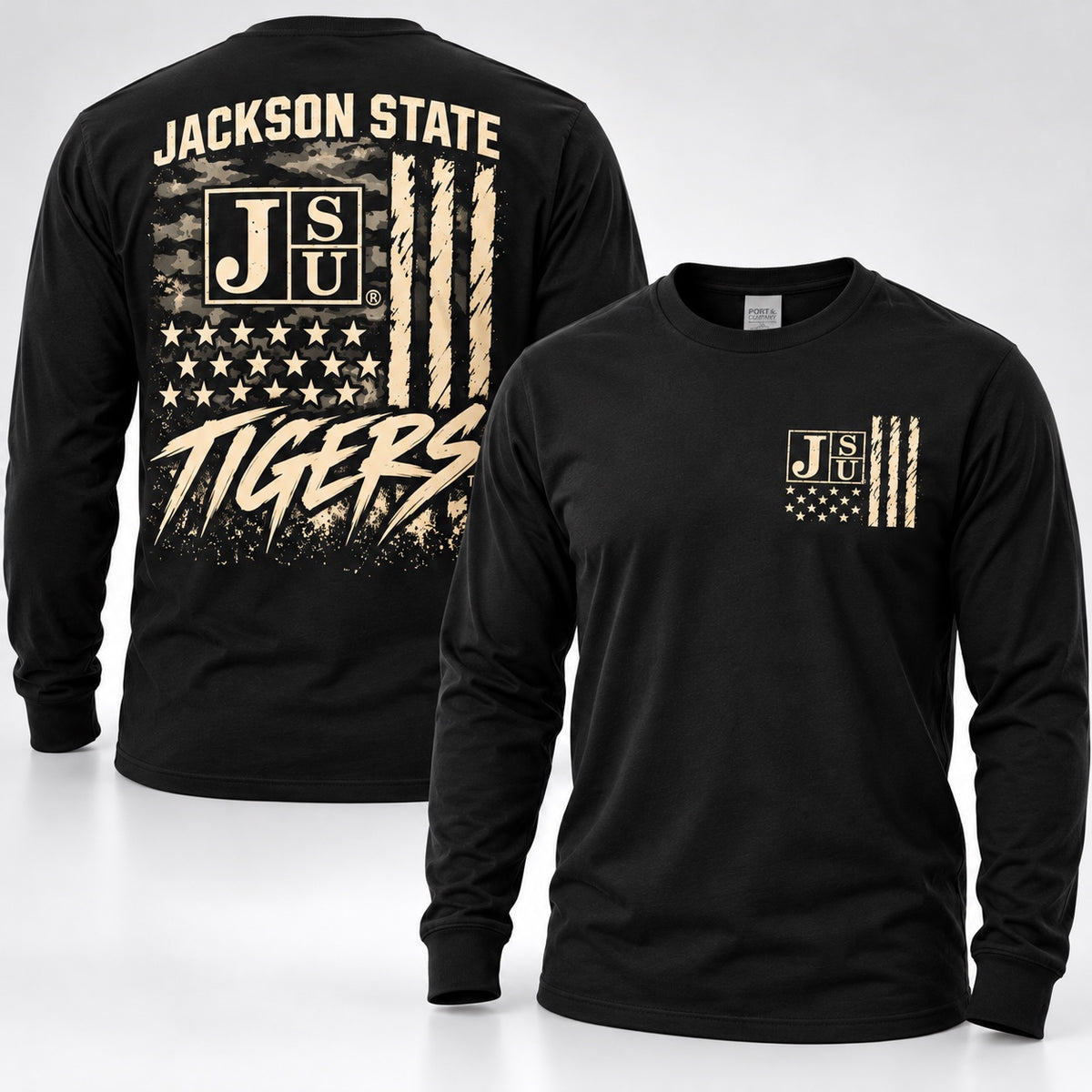 Jackson State Tigers Salute to Service black long sleeve T-shirt front and back