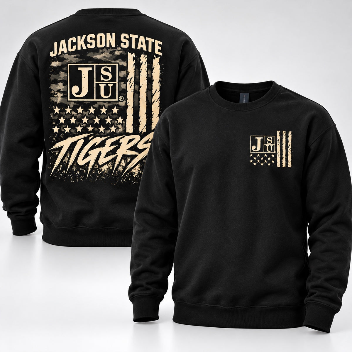 Jackson State Tigers Salute to Service black crewneck sweatshirt front and back