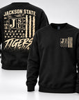 Jackson State Tigers Salute to Service black crewneck sweatshirt front and back