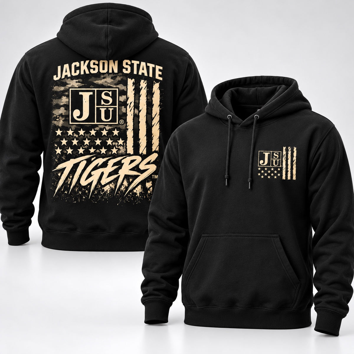 Jackson State Tigers Salute to Service black pullover hoodie front and back