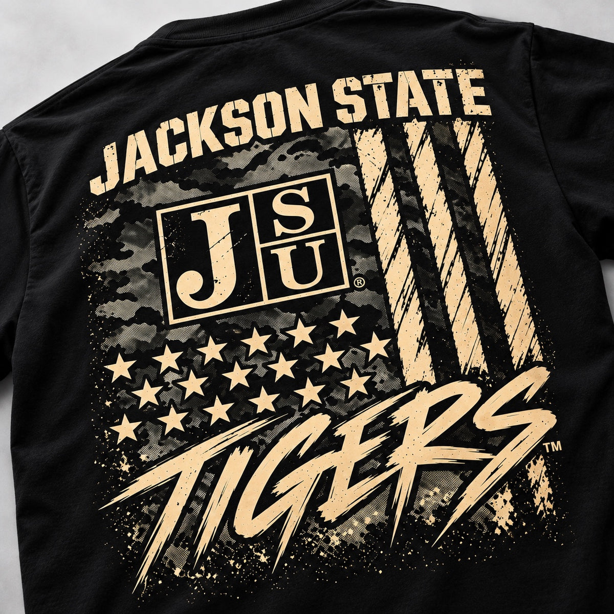 Close-up of Jackson State Tigers Salute to Service distressed full back design
