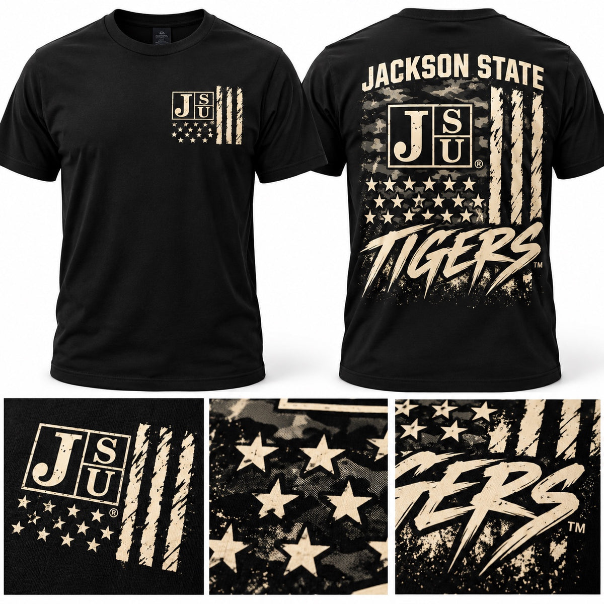 Jackson State Tigers Salute to Service shirt front, back and print detail collage