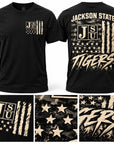 Jackson State Tigers Salute to Service shirt front, back and print detail collage
