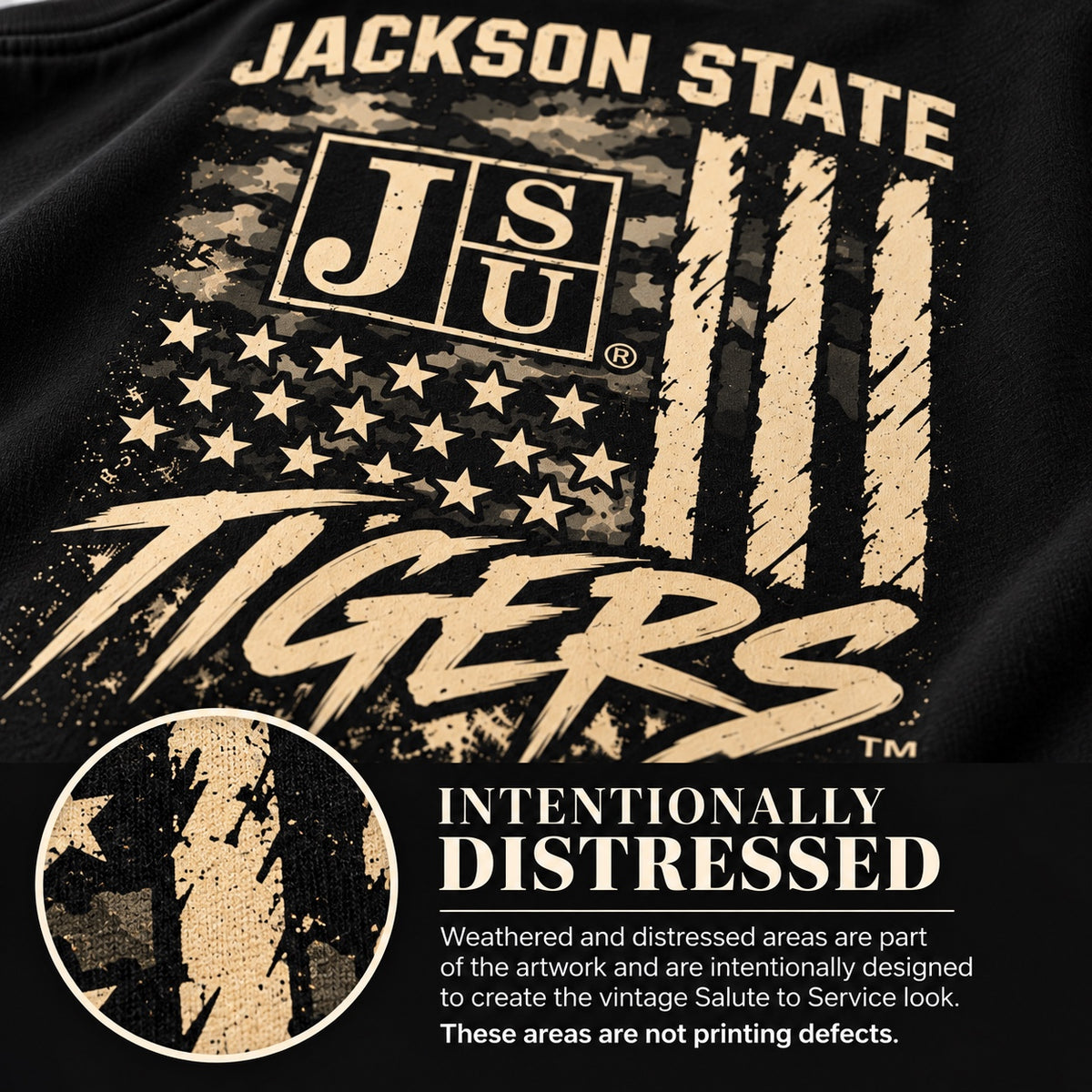 Jackson State Tigers Salute to Service graphic explaining intentional distressed artwork