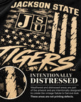 Jackson State Tigers Salute to Service graphic explaining intentional distressed artwork