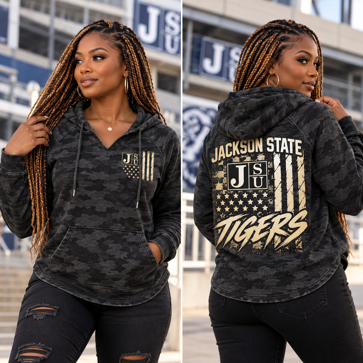 Black adult models wearing Jackson State Tigers Salute to Service black camouflage apparel