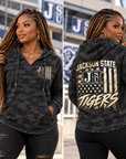 Black adult models wearing Jackson State Tigers Salute to Service black camouflage apparel