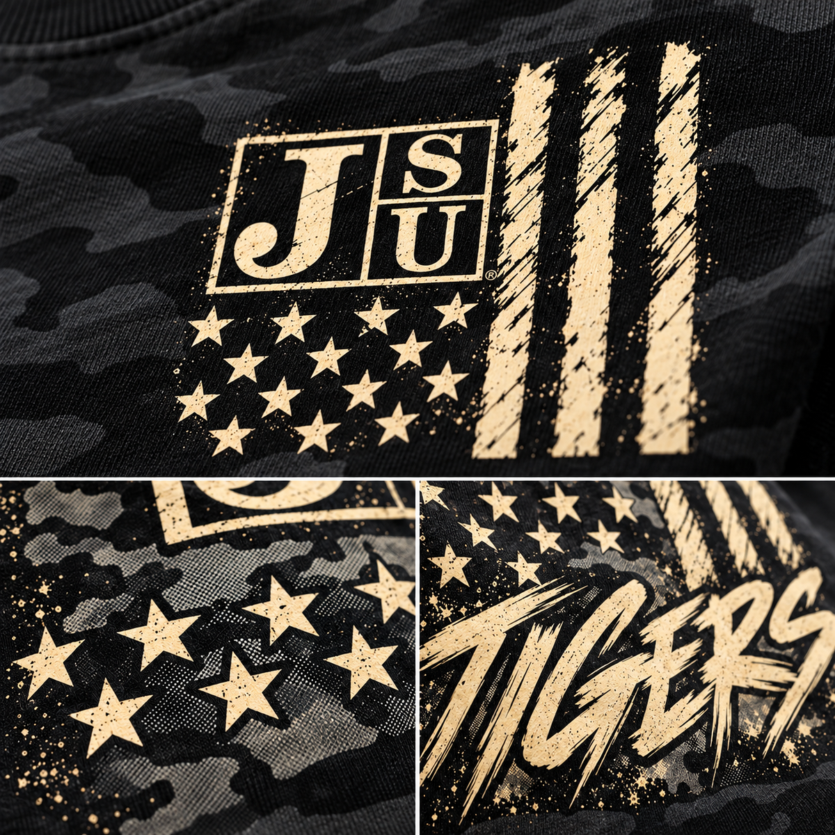 Jackson State Tigers Salute to Service black camouflage apparel distressed print and fabric details