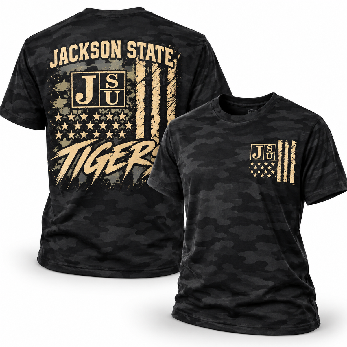 Back view Jackson State Tigers Salute to Service black camouflage short sleeve T-shirt