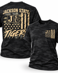 Back view Jackson State Tigers Salute to Service black camouflage short sleeve T-shirt