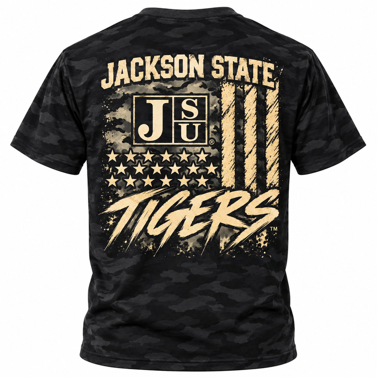 Jackson State Tigers Salute to Service women's Black Camouflage Heather California Wave Wash hoodie front and back
