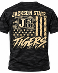 Jackson State Tigers Salute to Service women's Black Camouflage Heather California Wave Wash hoodie front and back