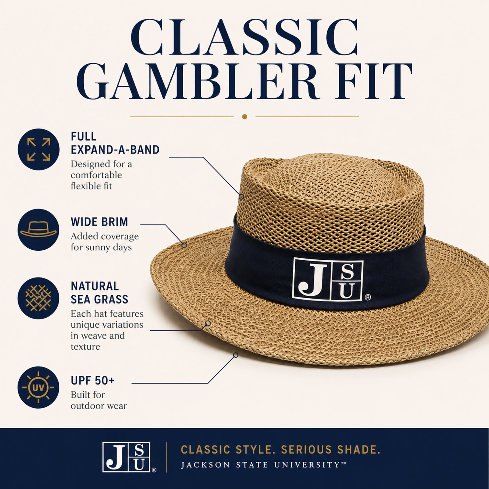 Jackson State straw gambler hat with Full Expand-A-Band flexible fit