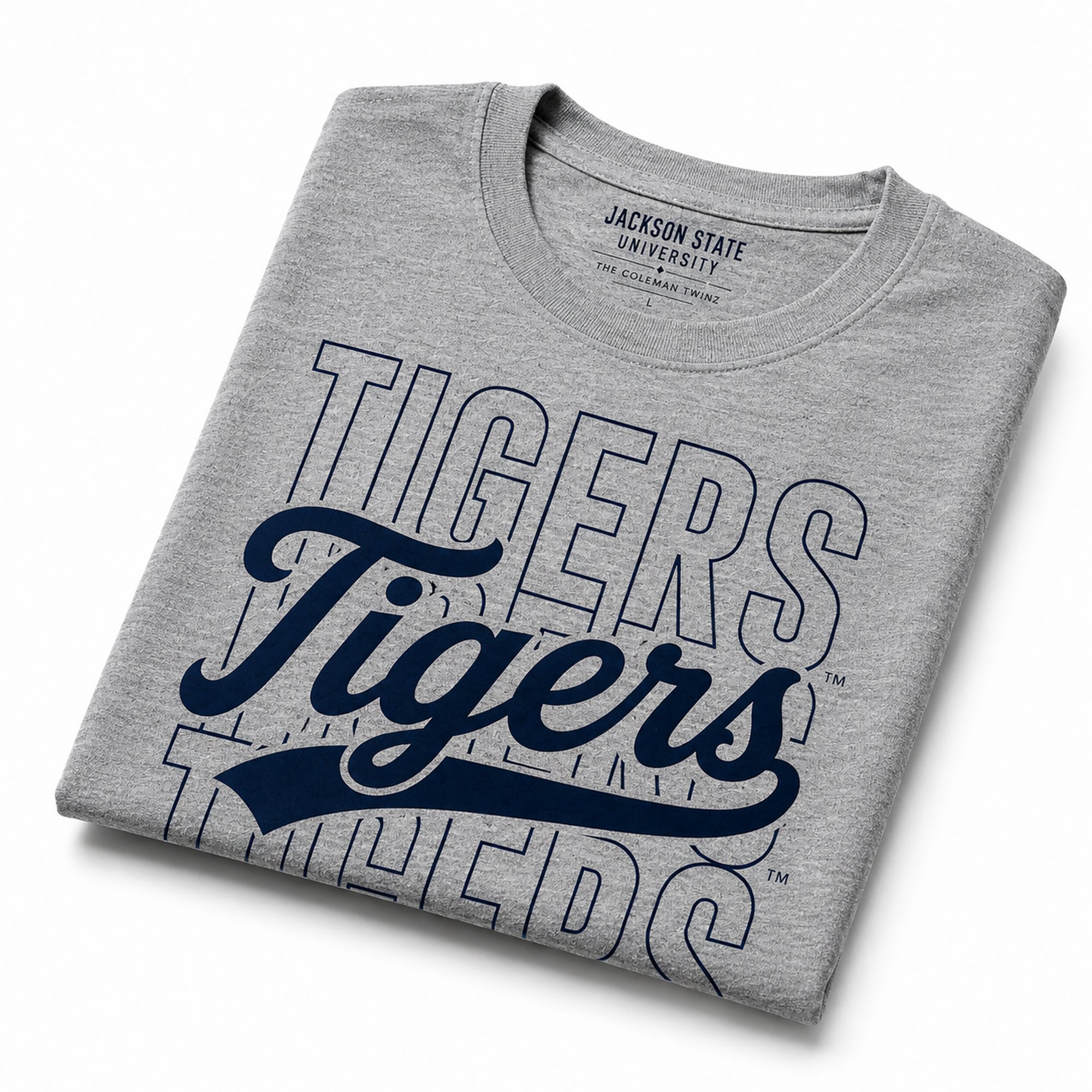 Folded Athletic Heather Gray Jackson State Tigers Stacked Script T-Shirt highlighting premium fabric