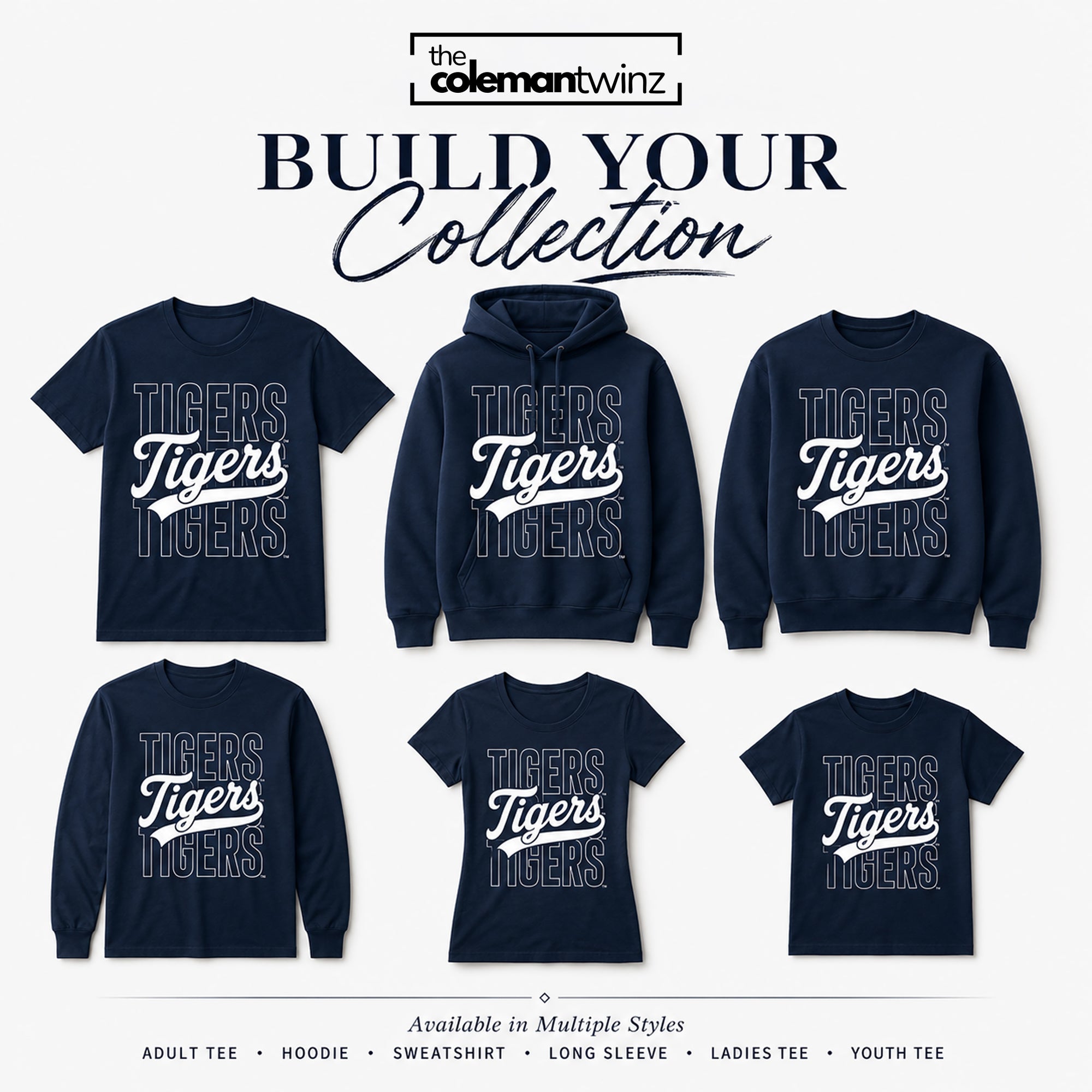 Jackson State Tigers Stacked Script collection including T-shirt, hoodie, sweatshirt, long sleeve, ladies tee, and youth tee