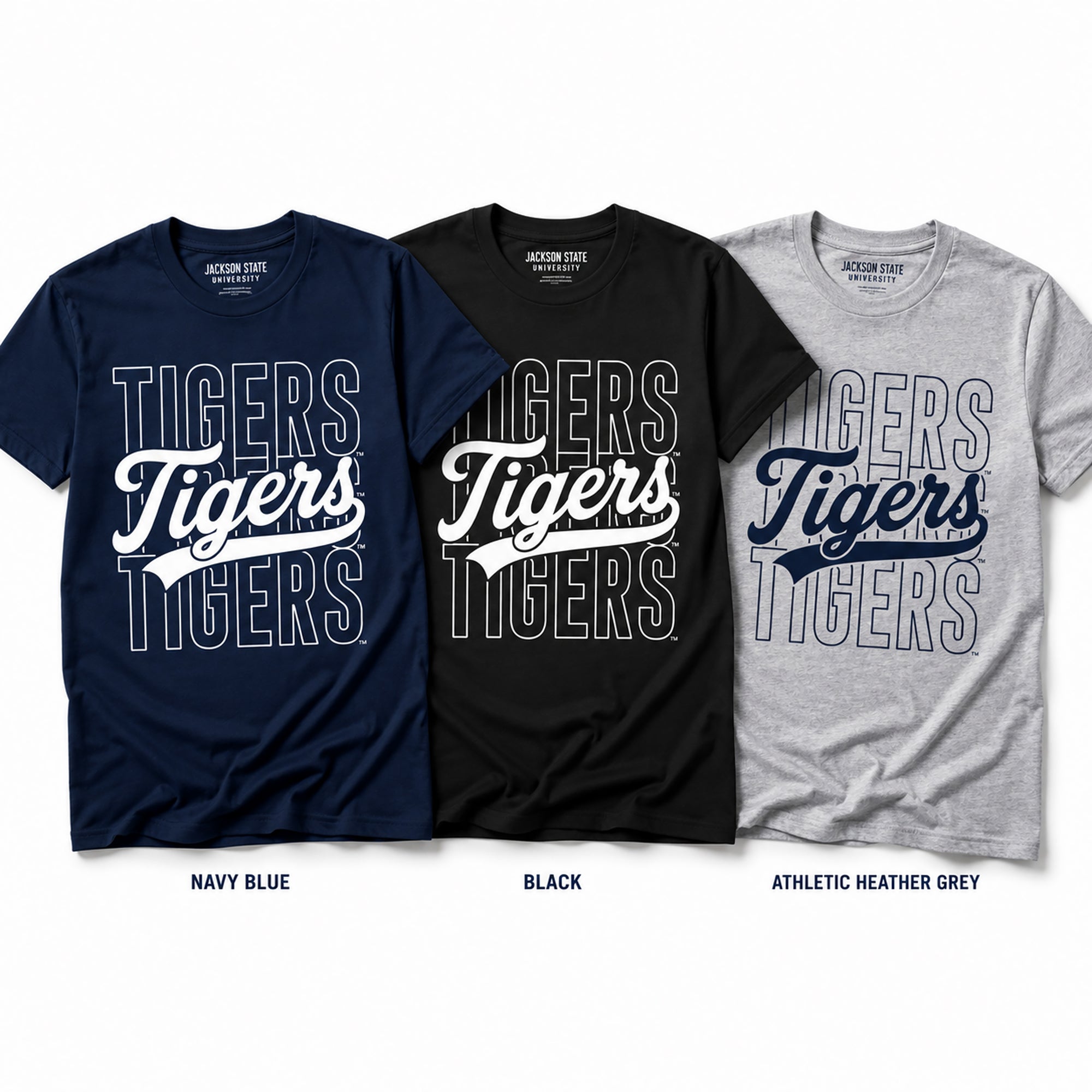 Jackson State Tigers Stacked Script T-Shirt available in Navy Blue, Black, and Athletic Heather Gray