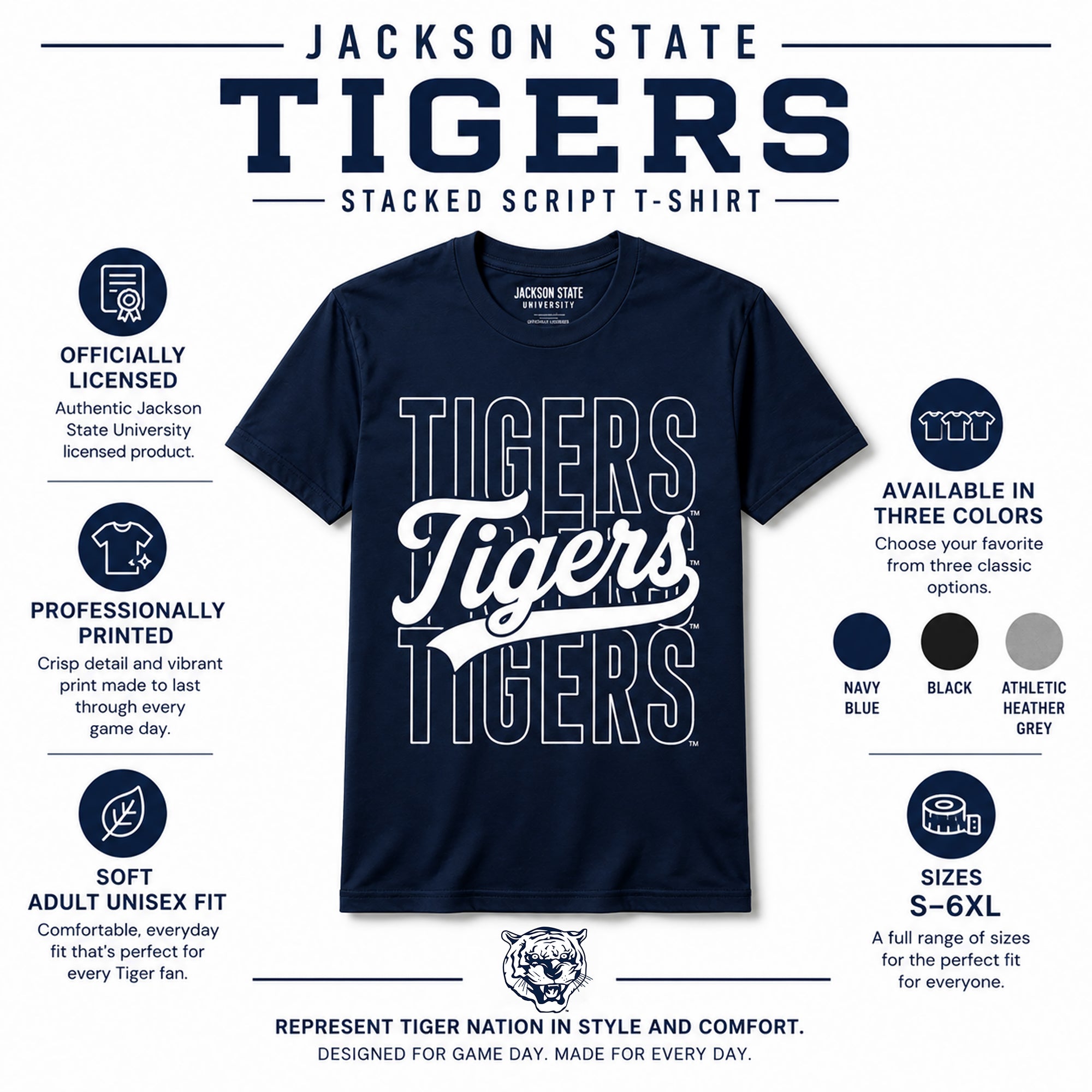 Features infographic for the Officially Licensed Jackson State Tigers Stacked Script T-Shirt showing sizes, colors, and premium details