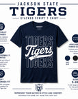 Features infographic for the Officially Licensed Jackson State Tigers Stacked Script T-Shirt showing sizes, colors, and premium details