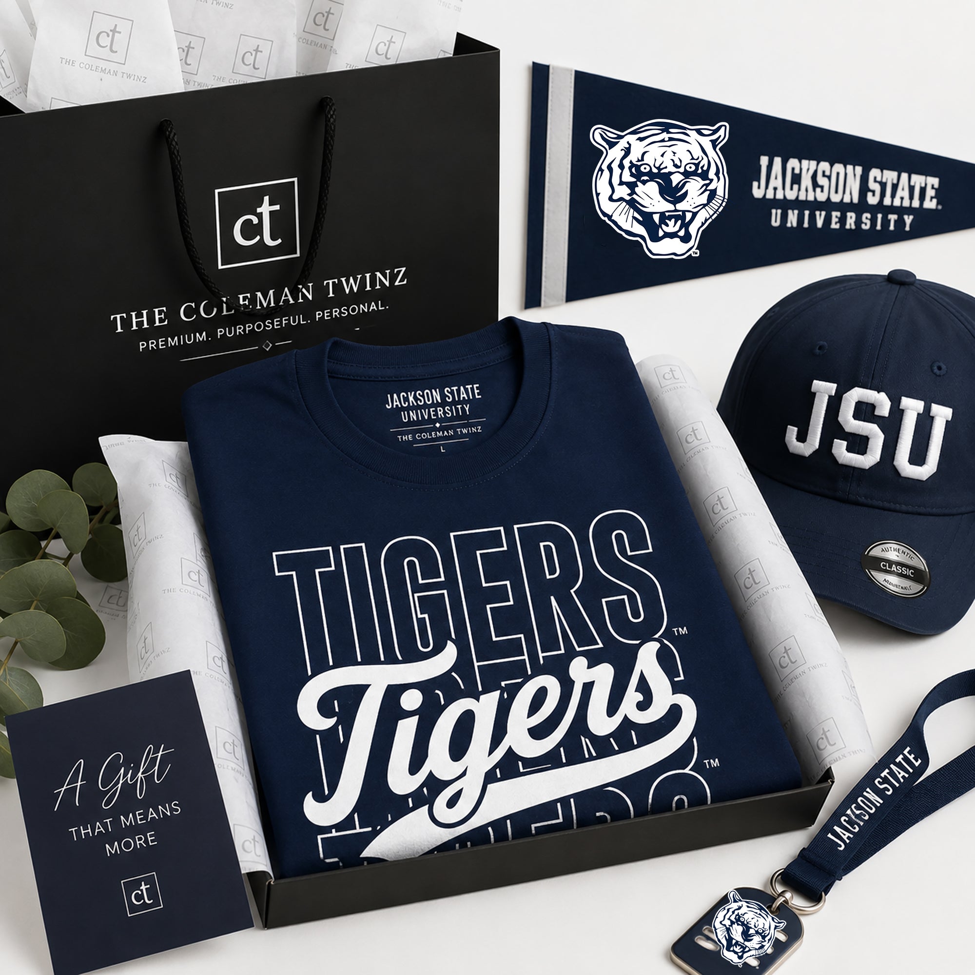 Gift-ready presentation of the Officially Licensed Jackson State Tigers Stacked Script T-Shirt in premium packaging