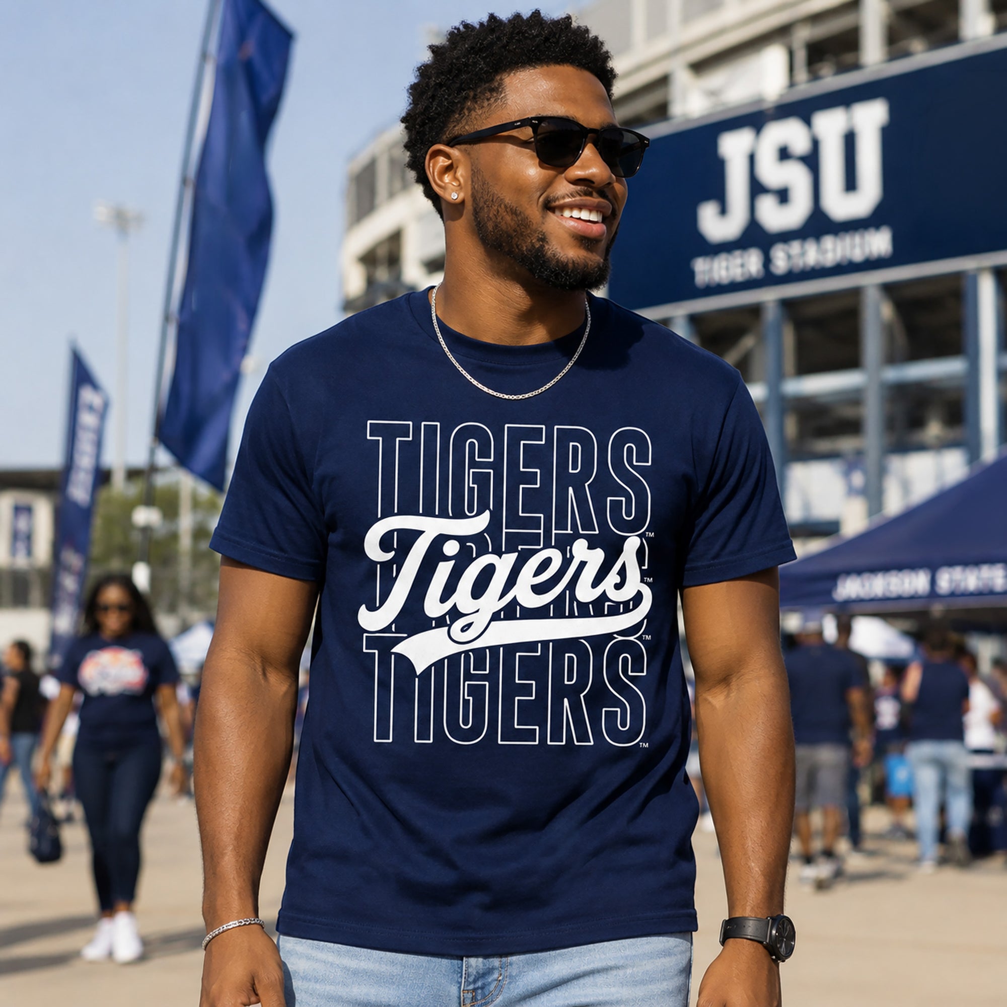 Model wearing the Officially Licensed Jackson State Tigers Stacked Script T-Shirt on game day